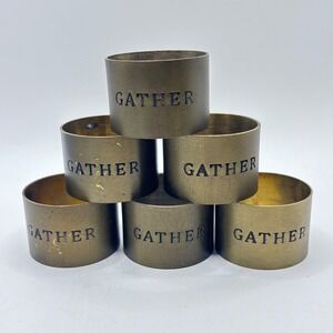 Set of 6 "Gather" Brass Napkin Rings Rustic Farmhouse Gold Metal Table Decor Vtg